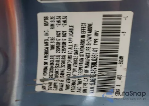 2008 Honda Cr-V Exl z USA, uszkodzony, nr VIN 5J6RE48768L026141